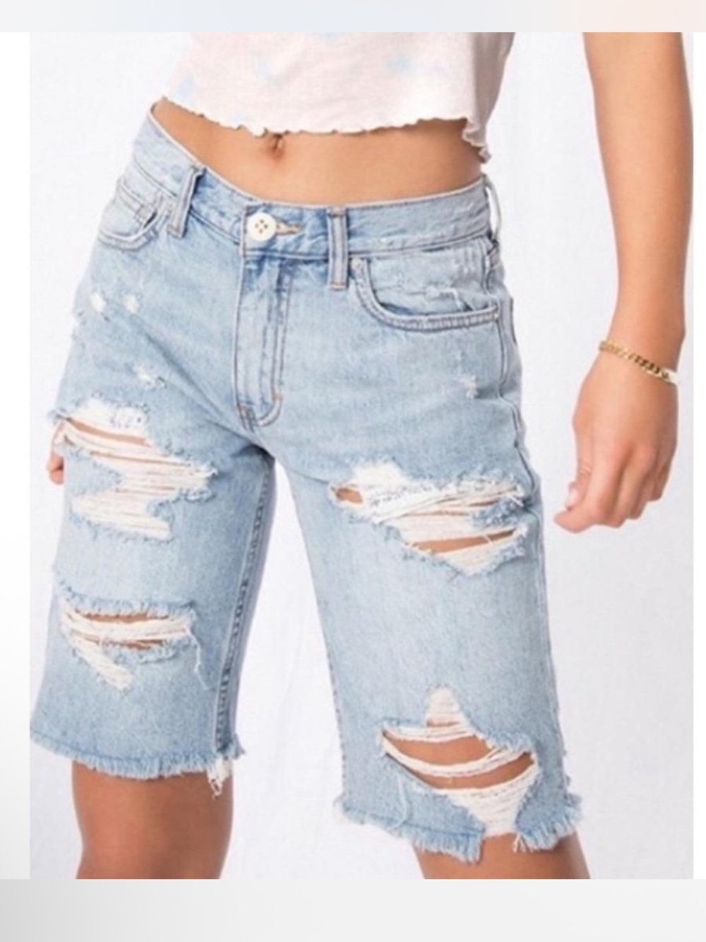 Free People Caroline Distressed Bermuda Shorts 26 Blue Denim